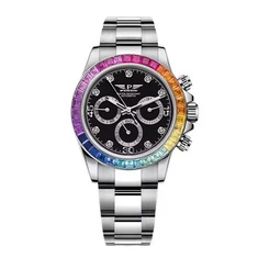 Męskie luksusowe tęczowe wzornictwo modna stalowa data wielofunkcyjna diamentowa koperta diamentowa tarcza automatyczne mechaniczne zegarki
